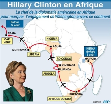 Carte du Periple d'Hillary Clinton en Afrique 2009
