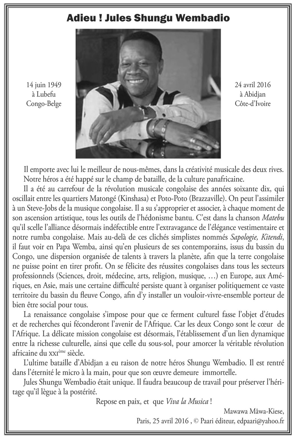 Adieu! Jules Shungu Wembadio (Papa Wemba)