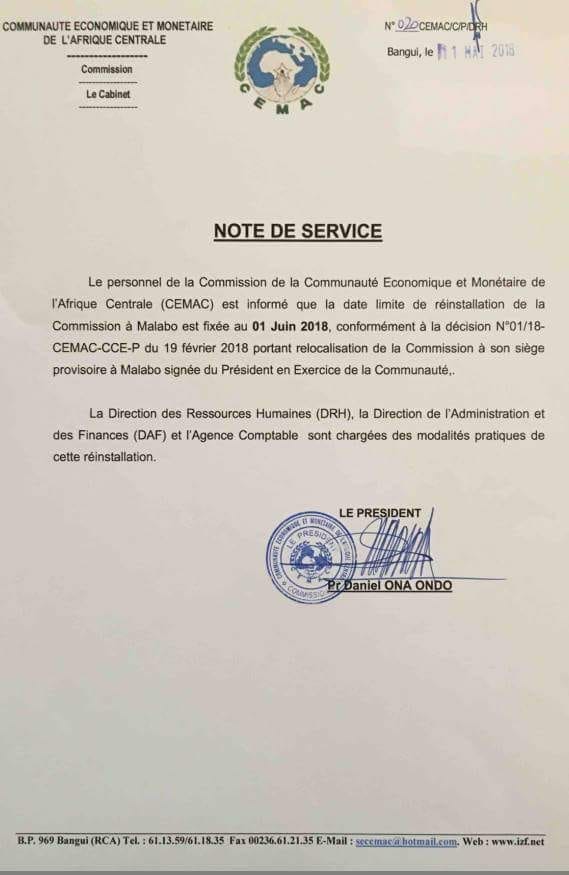Délocalisation provisoire de la CEMAC de Bangui à Malabo