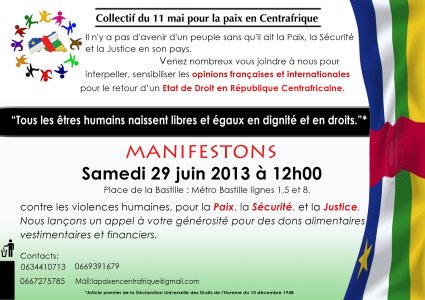 APPEL A MANIFESTER LE SAMEDI 29 JUIN 2013 A 12H00 À PARIS PLACE DE LA BASTILLE - JOURNÉE D’ACTIONS, DE COLLECTES DE DONS