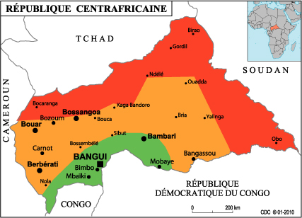 Carte de la Republique Centrafricaine - Les zones de sécurité et d'insécurité (par diplimatie.gouv.fr