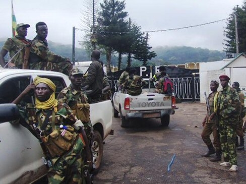 Des combattants de la coalition rebelle Seleka devant le palais présidentiel à Bangui, peu après leur arrivée dans la capitale de la République centrafricaine, le 25 mars 2013
