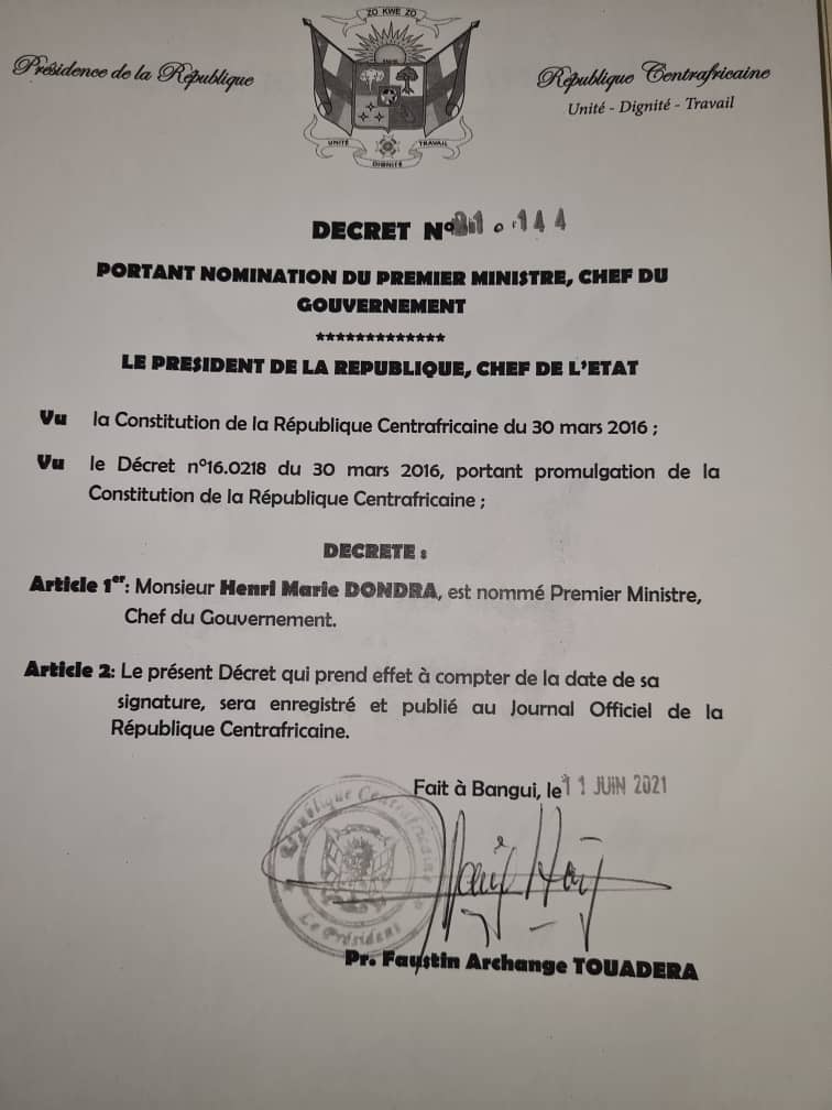 Dcret N21.144 portant nomination du Premier Ministre, Chef du Gouvernement : Monsieur Henri Marie DONDRA (11/06/2021)