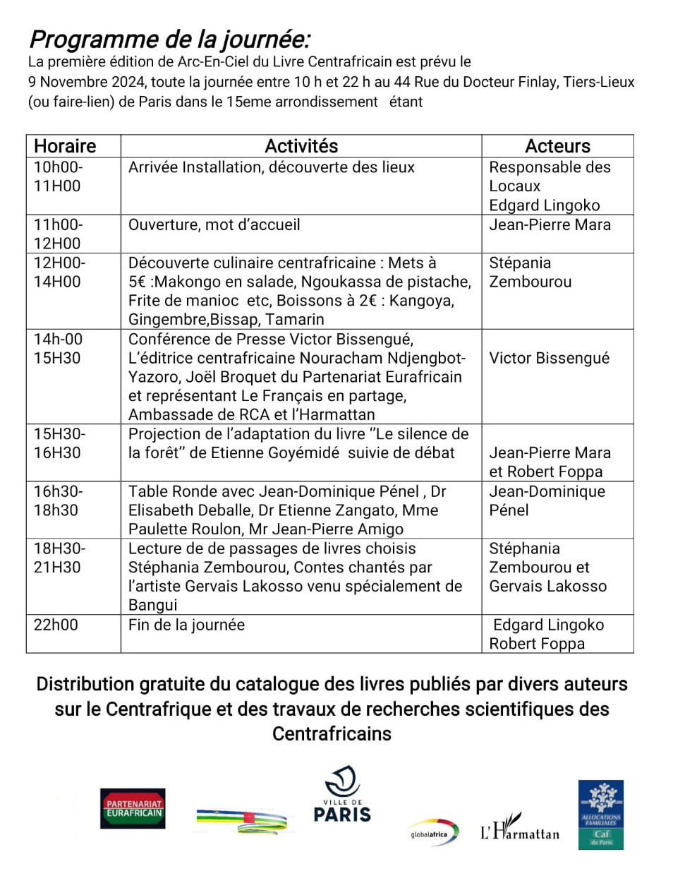 Arc-En-Ciel du Livre Centrafricain. 1re Edition Programme