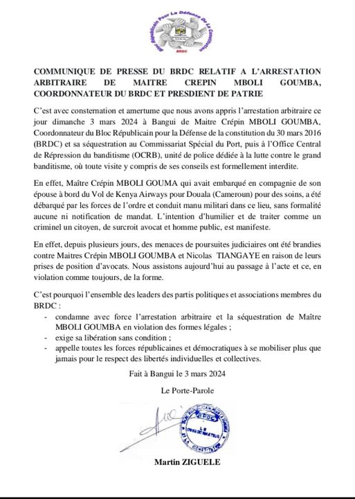 Communiqu de presse du BRDC relatif  l'arrestation arbitraire de Matre Crpin MBOLI GOUMBA, Coordonnateur du BRDC et Prsident de PATRIE