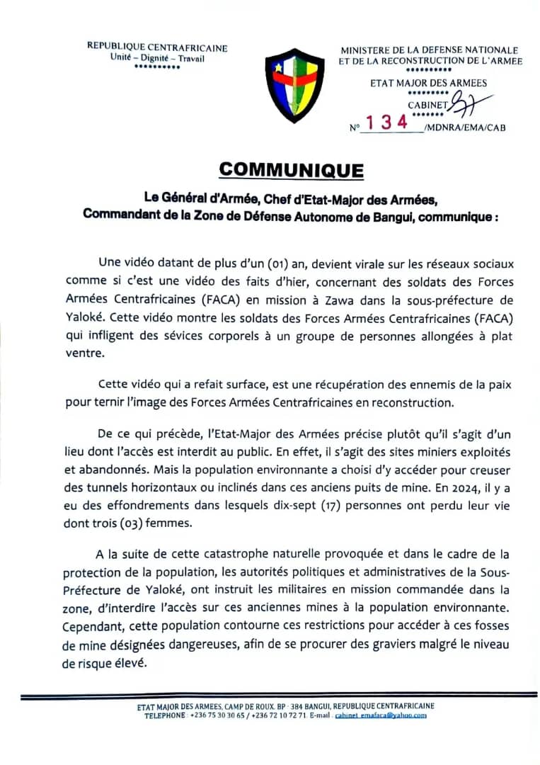 Communiqu du Gnral d'Arme, Chef d'Etat-Major des Armes, Zphirin MAMADOU, ce jour 9 Avril 2025, les exactions de Zawa
