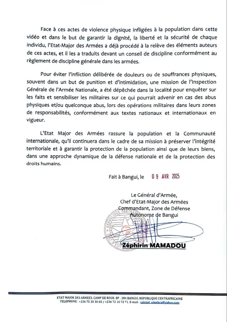 Communiqu du Gnral d'Arme, Chef d'Etat-Major des Armes, Zphirin MAMADOU, ce jour 9 Avril 2025, les exactions de Zawa