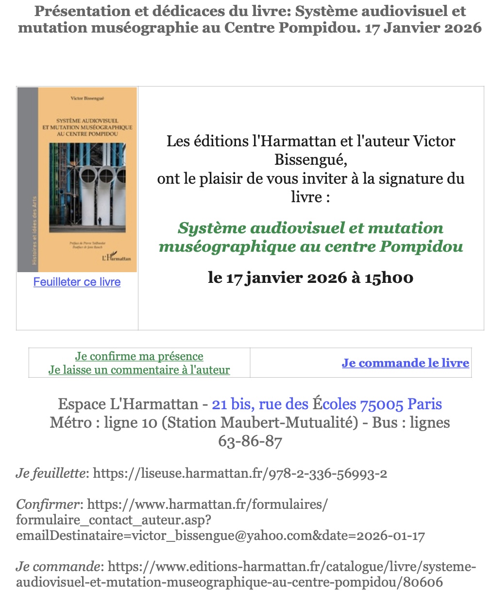 Invitation à la présentation et aux dédicaces du livre, le 17 Janvier 2026 15h-17h: Système audiovisuel et mutation muséographie au Centre Pompidou